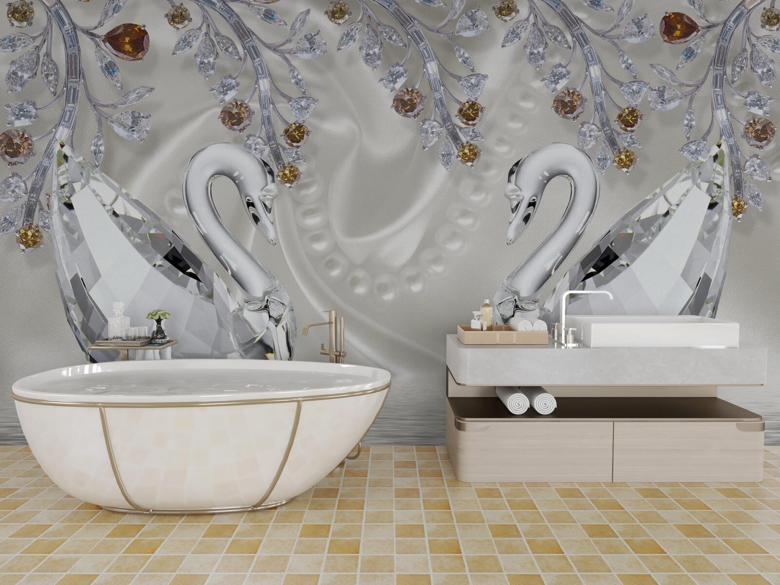 Фотошпалери по ставку плавають білосніжні лебеді, а гілки квітів мають золотистий відтінок