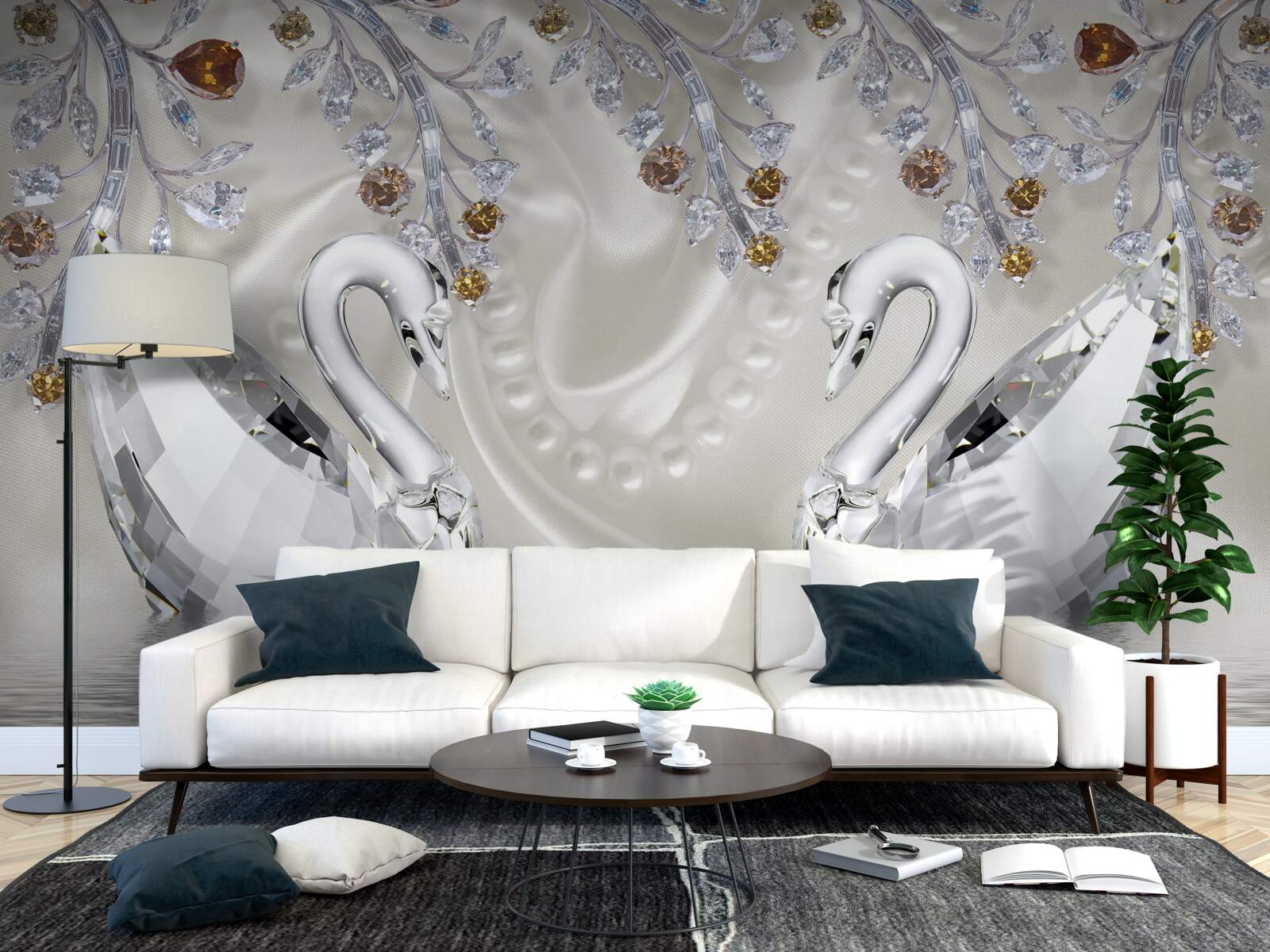 Фотошпалери по ставку плавають білосніжні лебеді, а гілки квітів мають золотистий відтінок