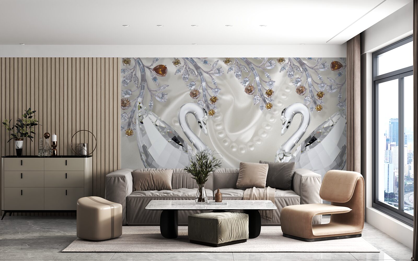 Фотошпалери по ставку плавають білосніжні лебеді, а гілки квітів мають золотистий відтінок