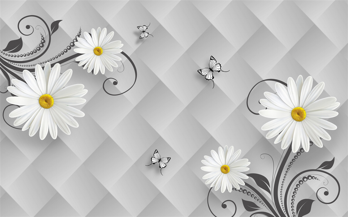 Фотошпалери абстрактне тло, прикрашене білими ромашками та метеликами
