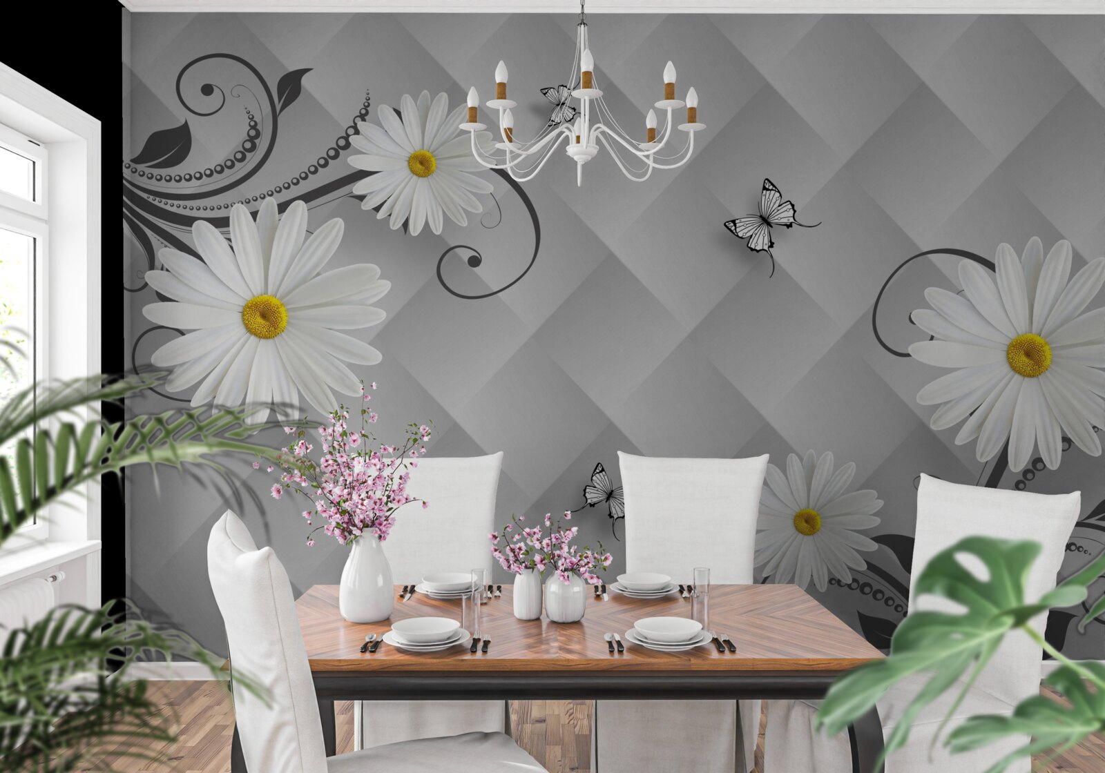 Фотошпалери абстрактне тло, прикрашене білими ромашками та метеликами