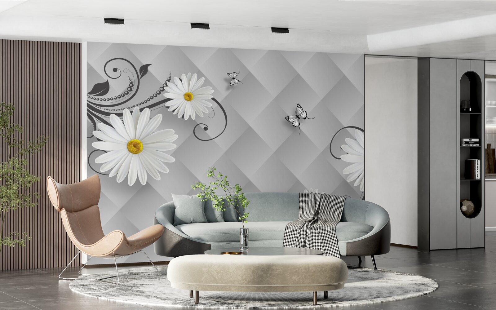 Фотошпалери абстрактне тло, прикрашене білими ромашками та метеликами