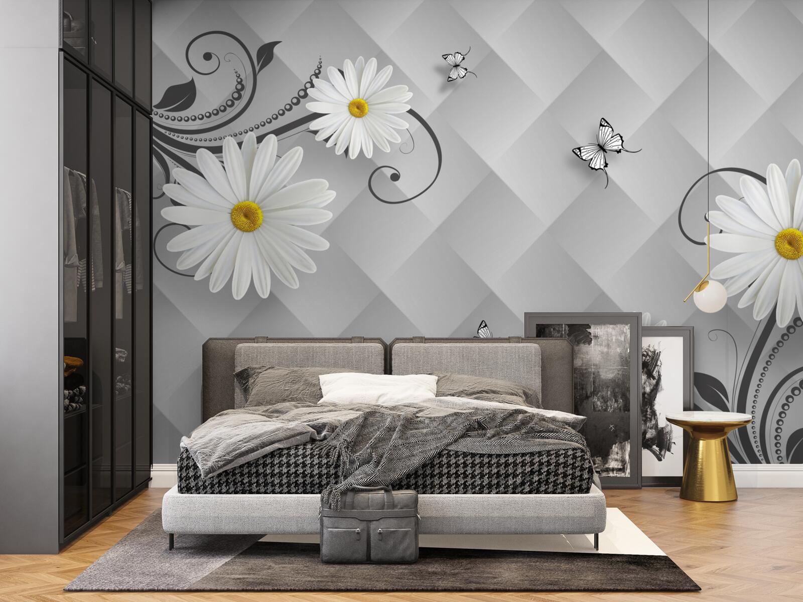 Фотошпалери абстрактне тло, прикрашене білими ромашками та метеликами