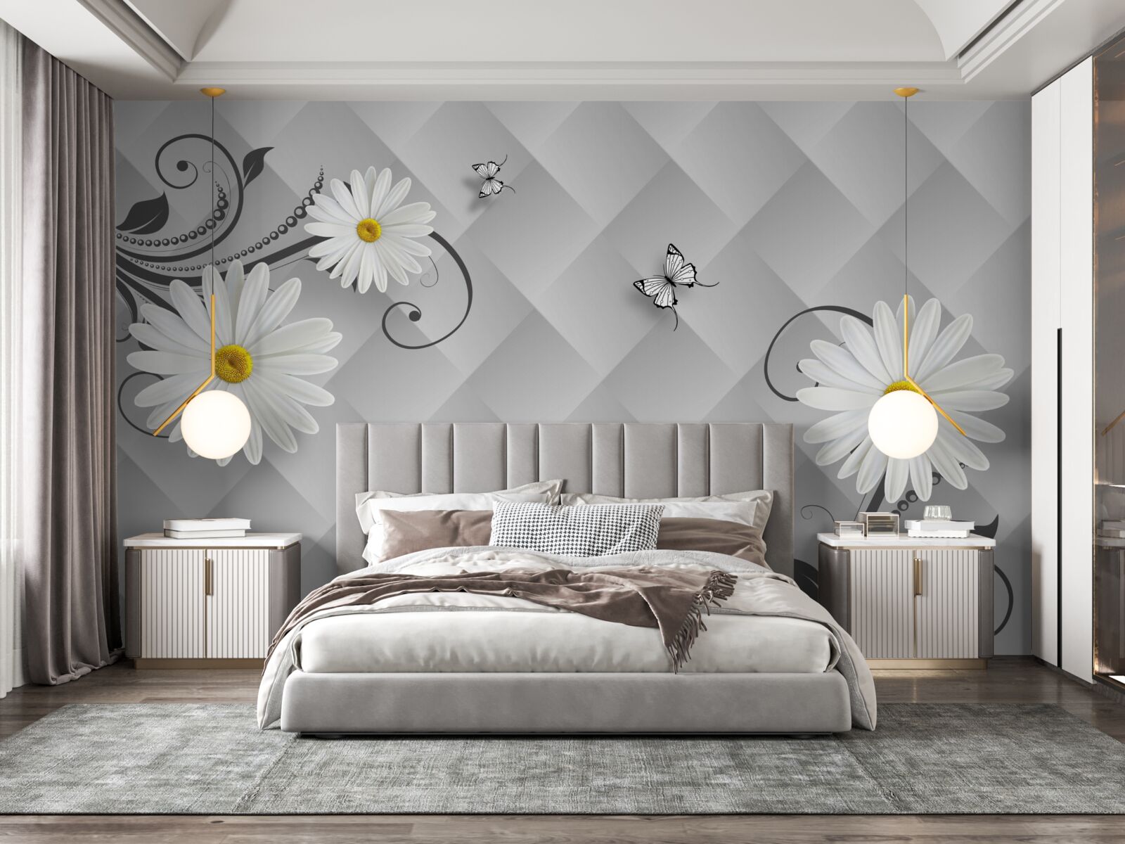 Фотошпалери абстрактне тло, прикрашене білими ромашками та метеликами