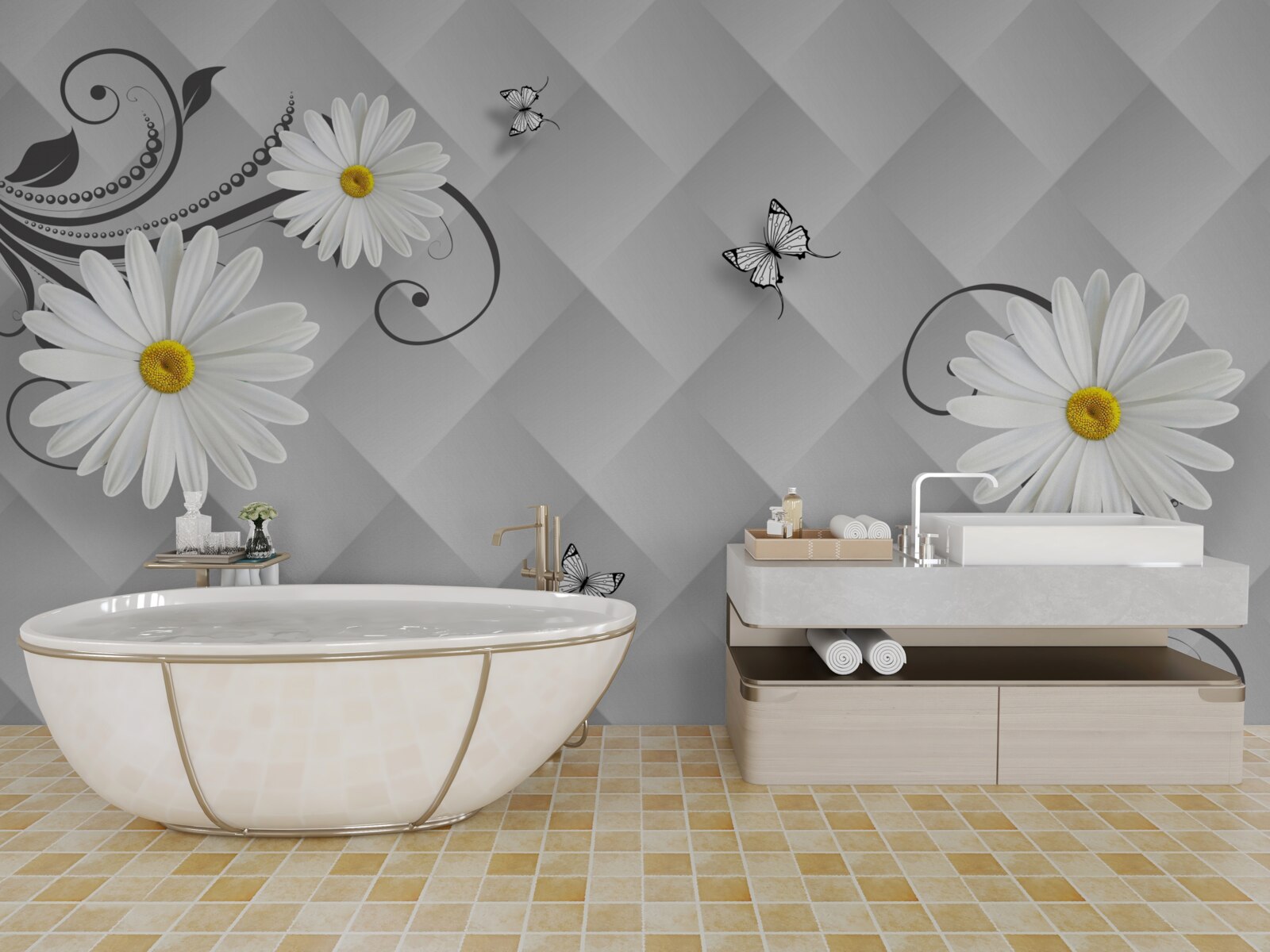 Фотошпалери абстрактне тло, прикрашене білими ромашками та метеликами