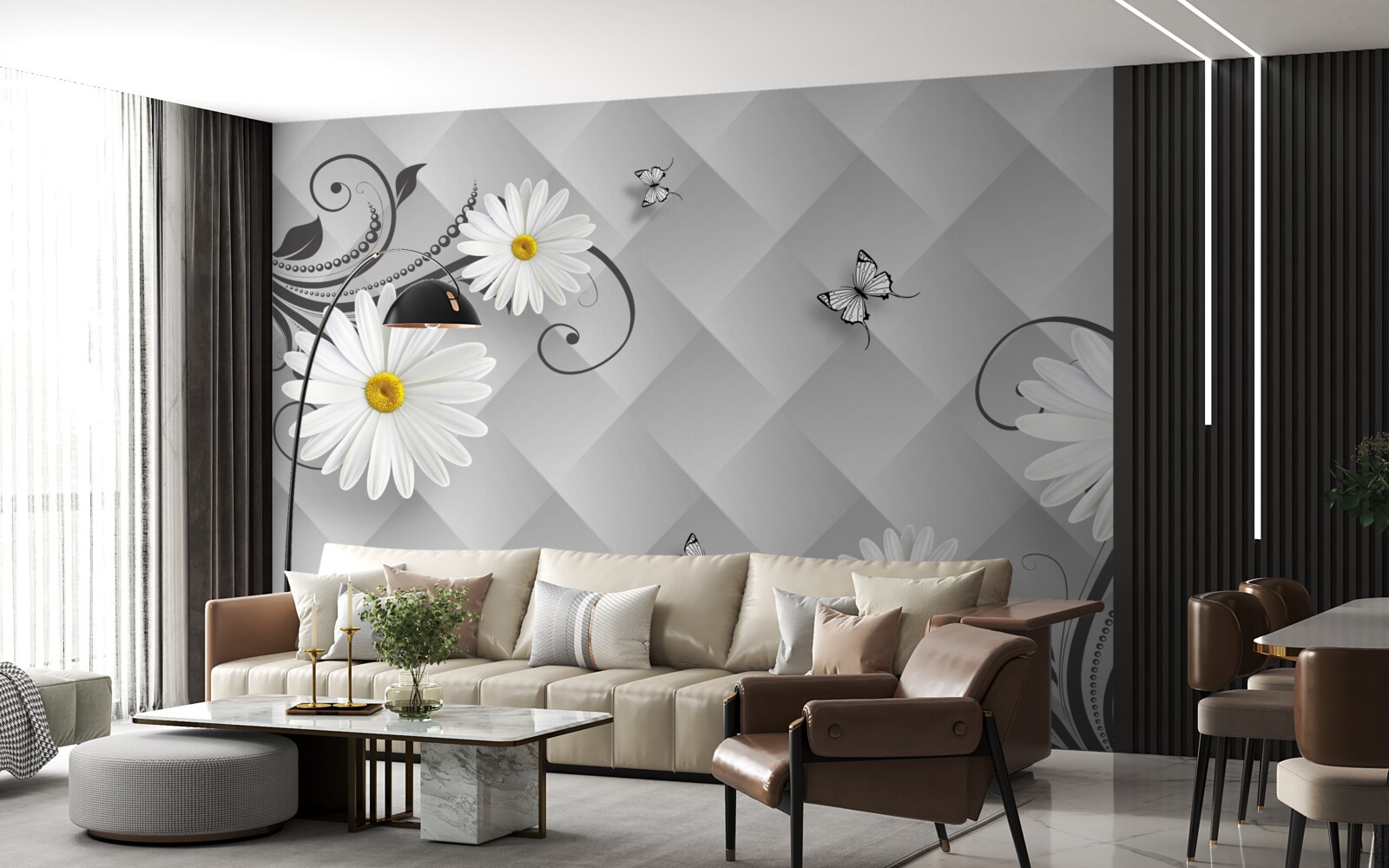Фотошпалери абстрактне тло, прикрашене білими ромашками та метеликами