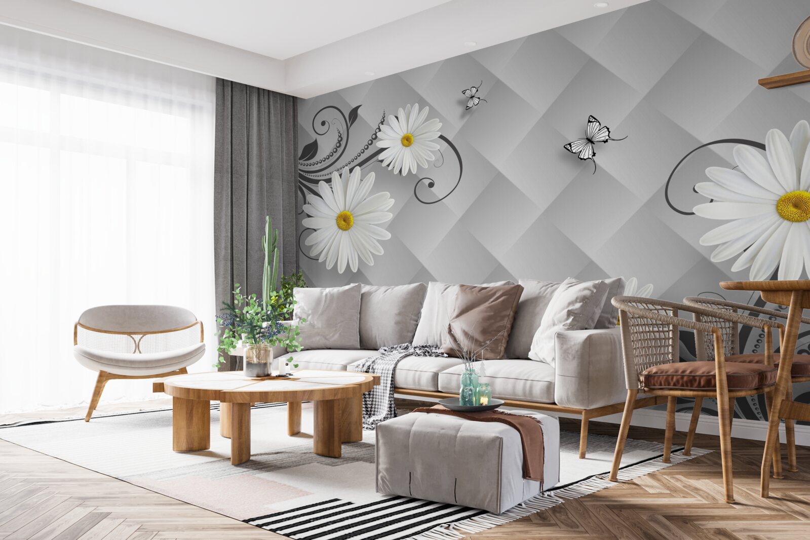 Фотошпалери абстрактне тло, прикрашене білими ромашками та метеликами