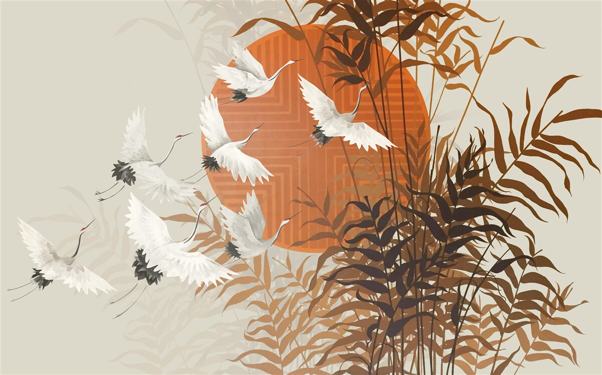 Фотошпалери захід сонця супроводжується барвистим польотом журавлів