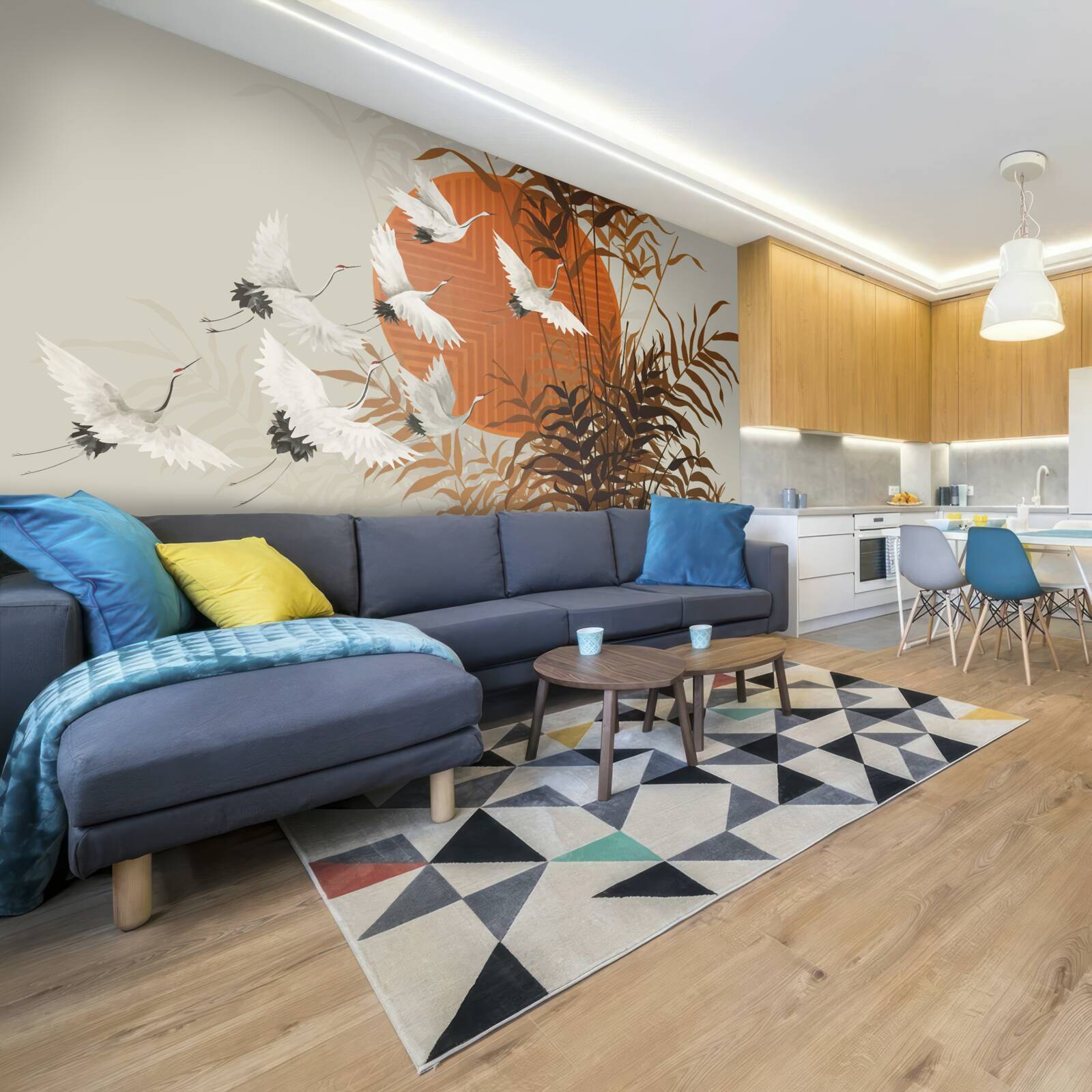 Фотошпалери захід сонця супроводжується барвистим польотом журавлів