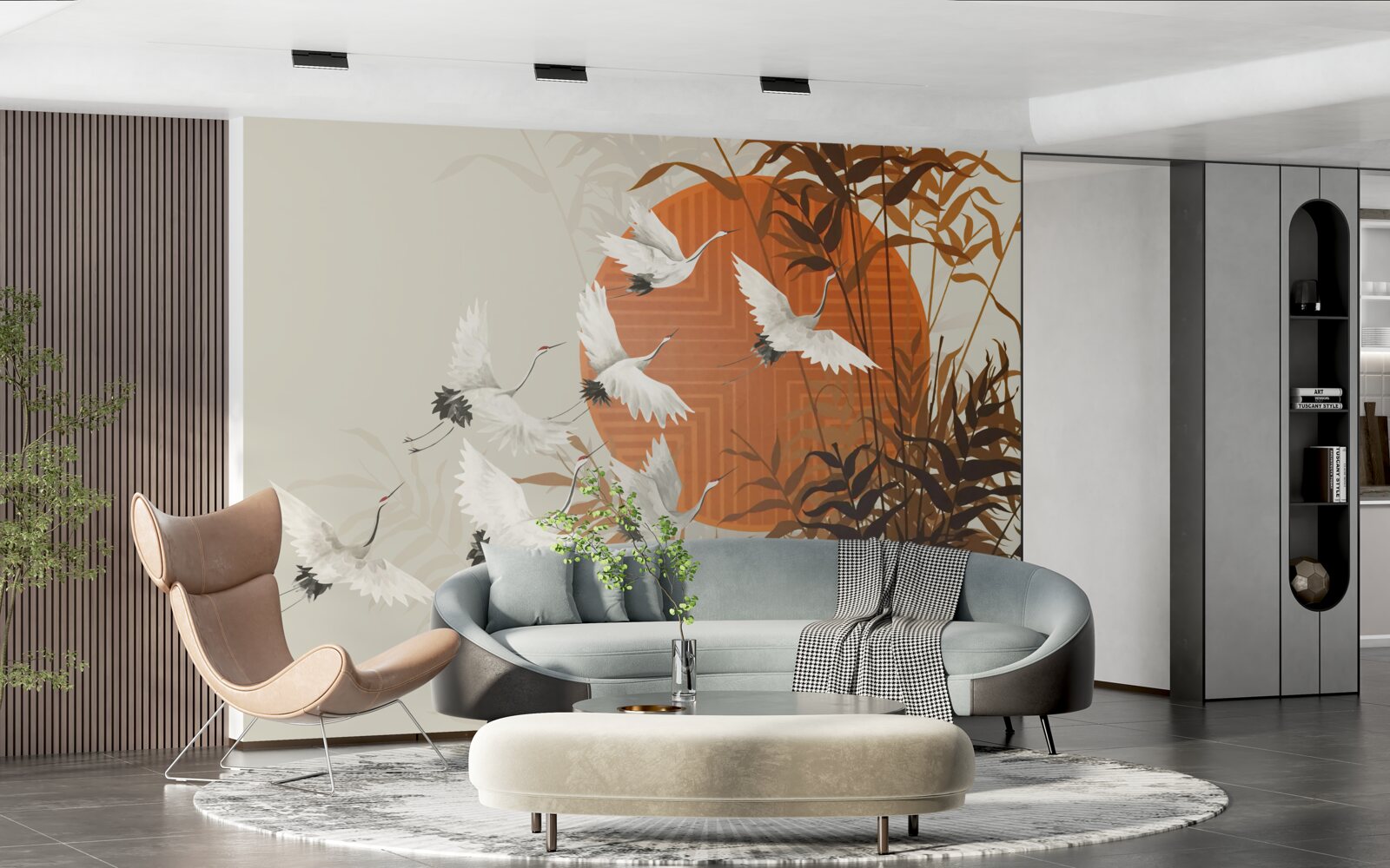 Фотошпалери захід сонця супроводжується барвистим польотом журавлів