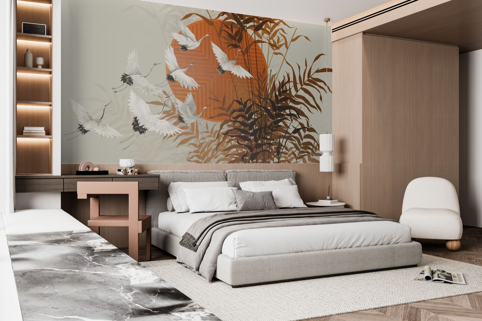 Фотошпалери захід сонця супроводжується барвистим польотом журавлів