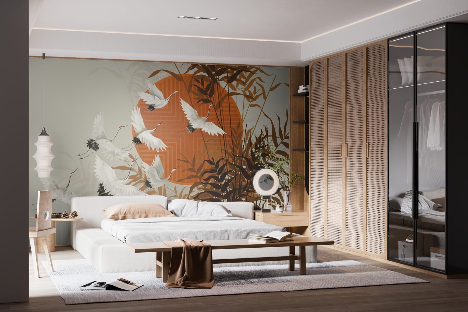 Фотошпалери захід сонця супроводжується барвистим польотом журавлів