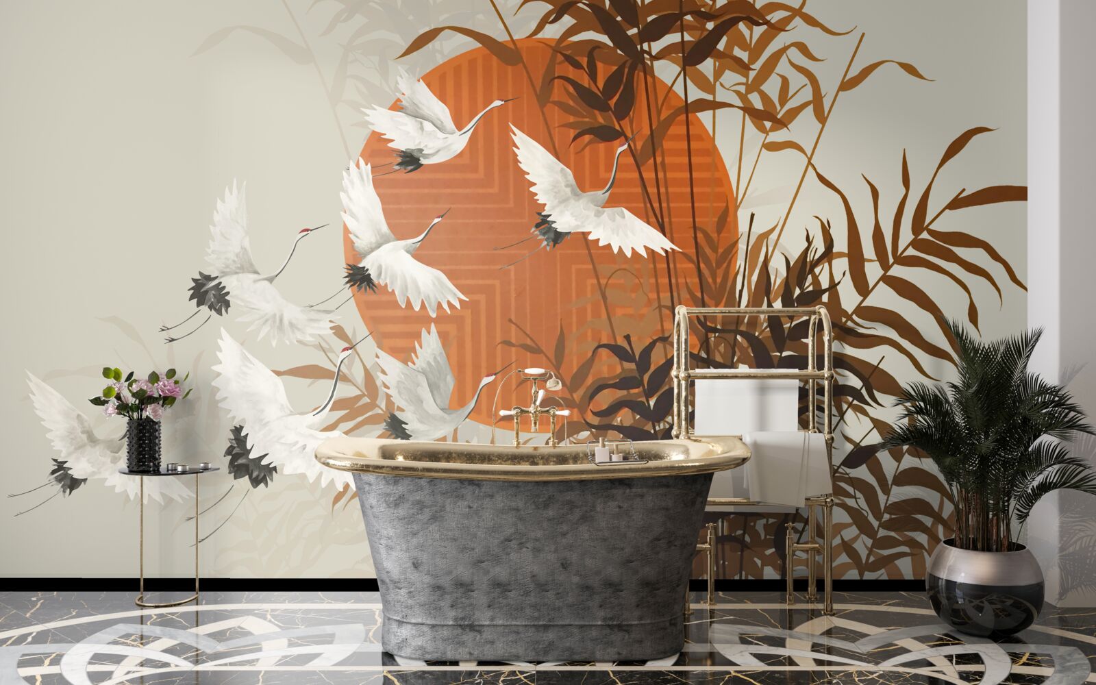 Фотошпалери захід сонця супроводжується барвистим польотом журавлів