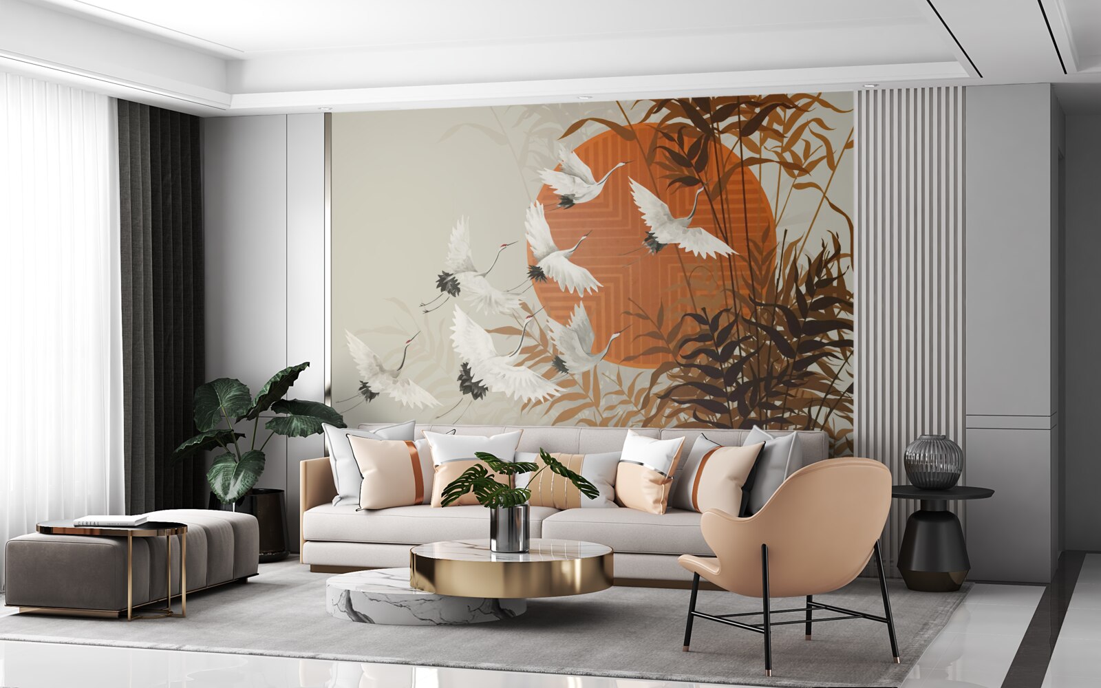 Фотошпалери захід сонця супроводжується барвистим польотом журавлів