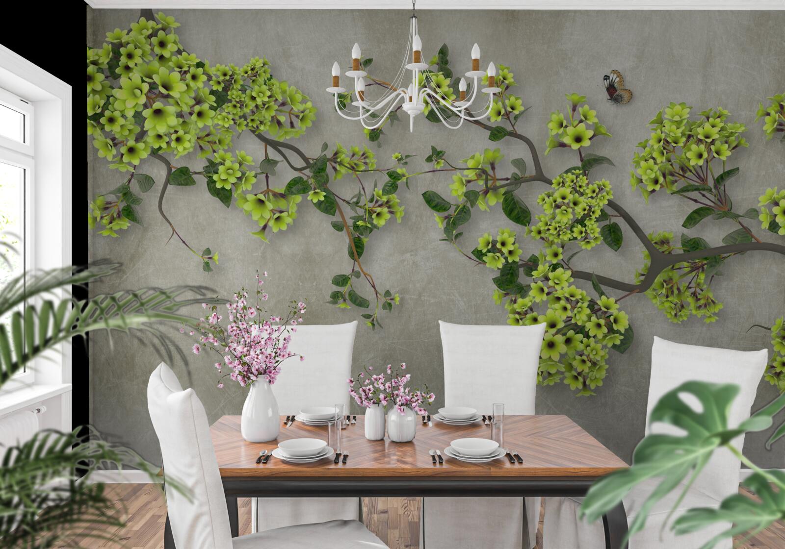 Фотошпалери гілка магнолії, усіяна пишними зеленими бутонами