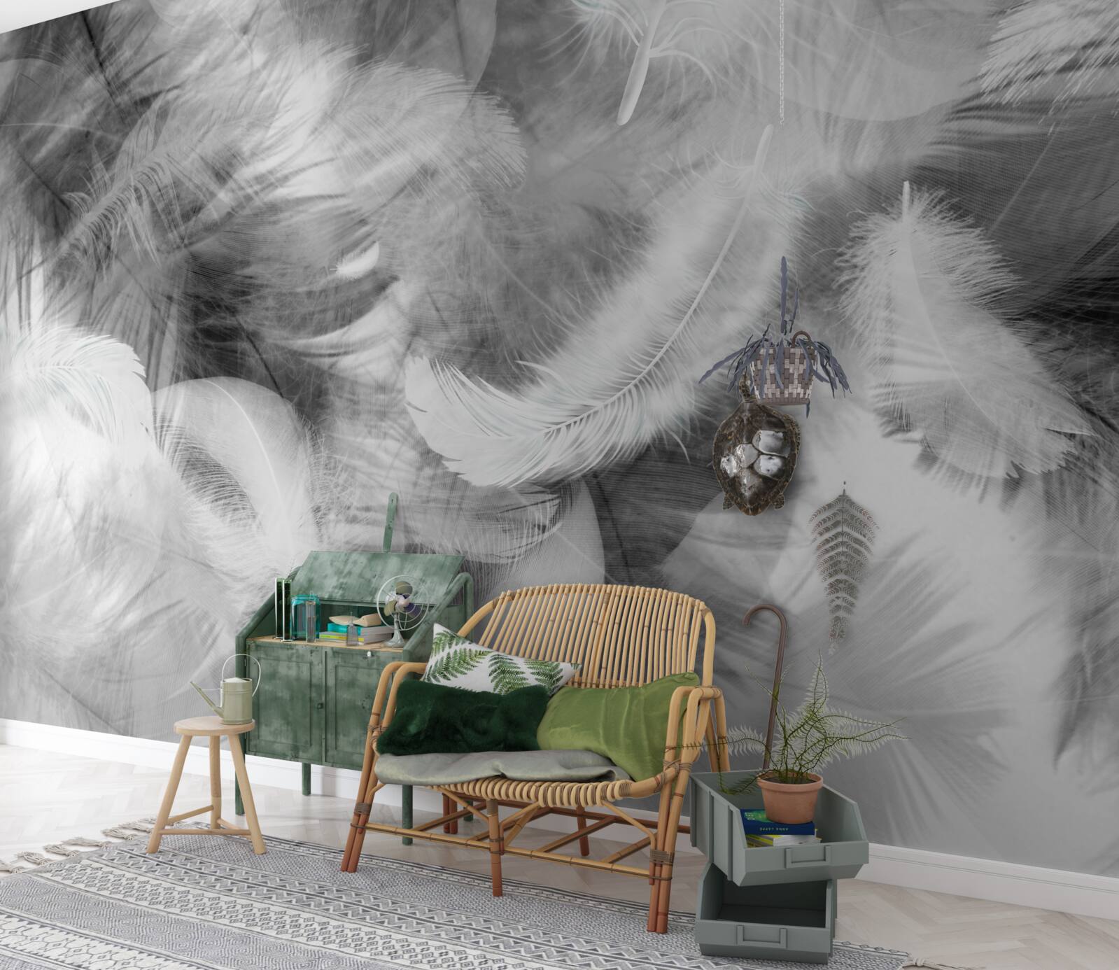 Фотошпалери чорне і біле пір'я ширяє в повітрі