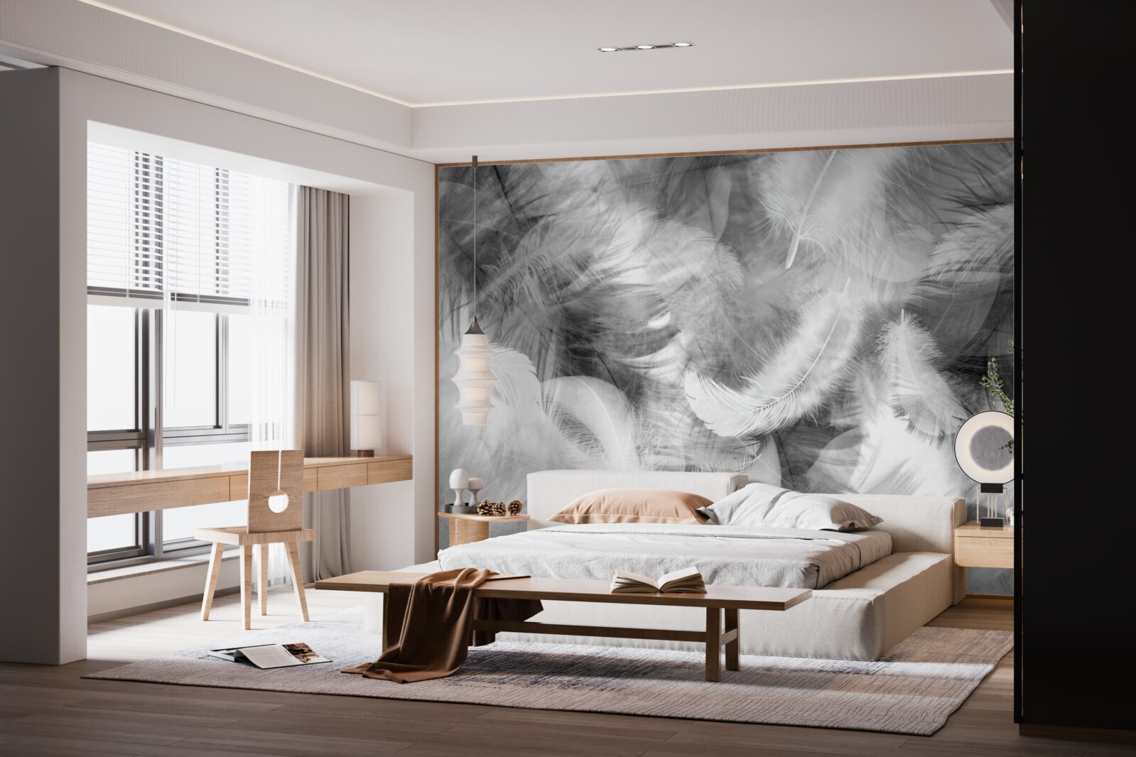 Фотошпалери чорне і біле пір'я ширяє в повітрі