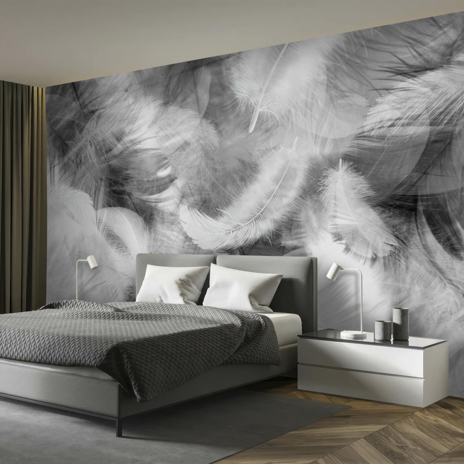Фотошпалери чорне і біле пір'я ширяє в повітрі