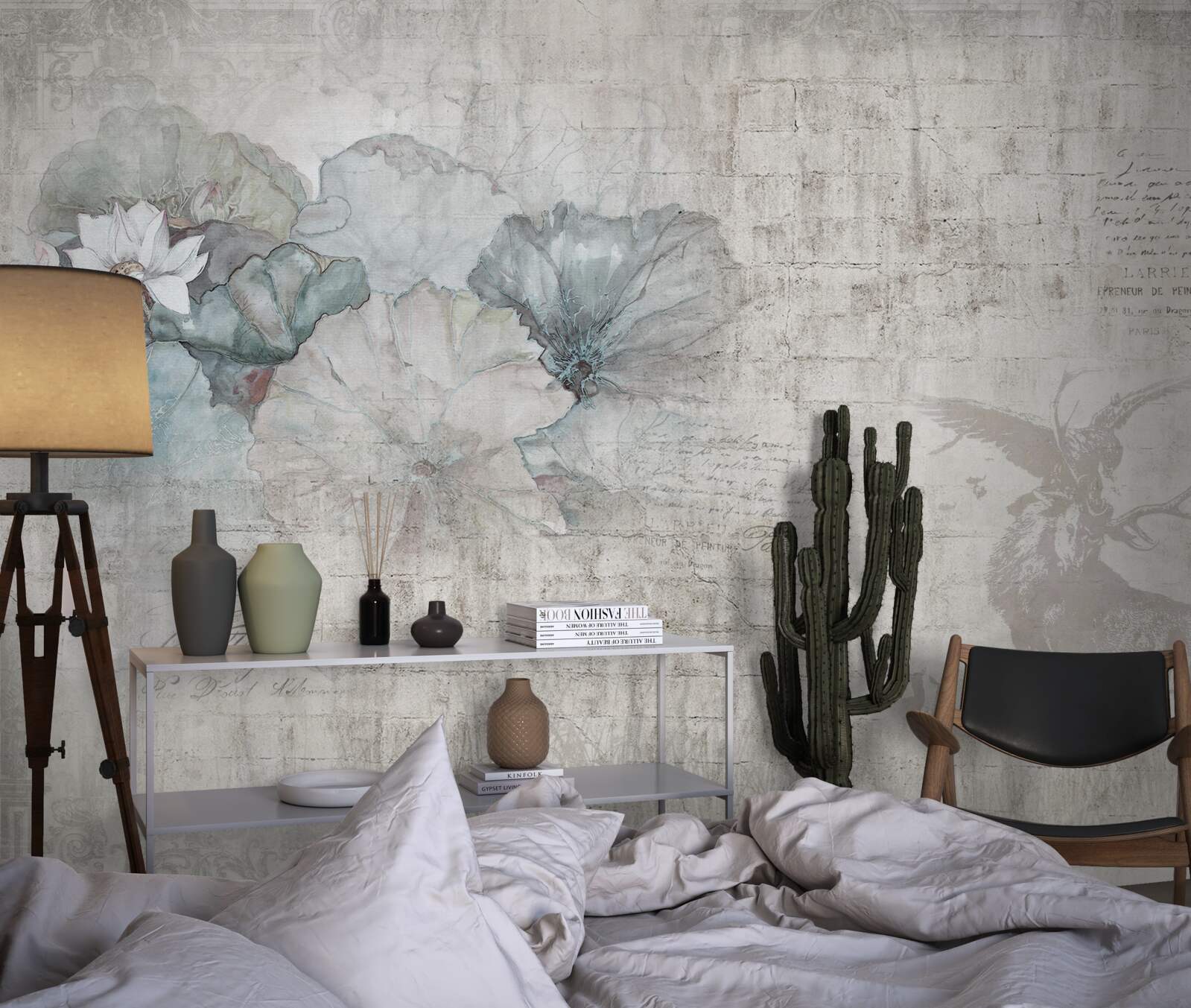 Фотошпалери акварель із зображенням оленя та блакитних квітів