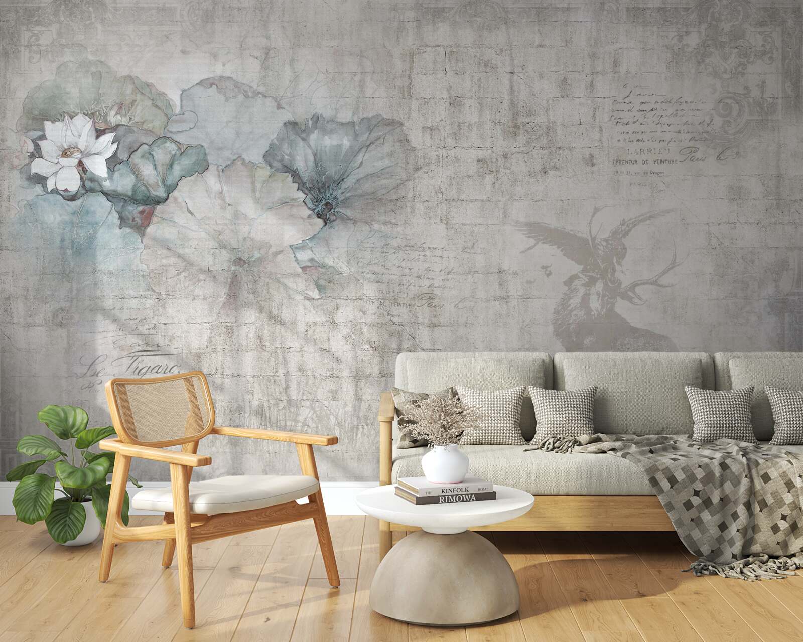 Фотошпалери акварель із зображенням оленя та блакитних квітів