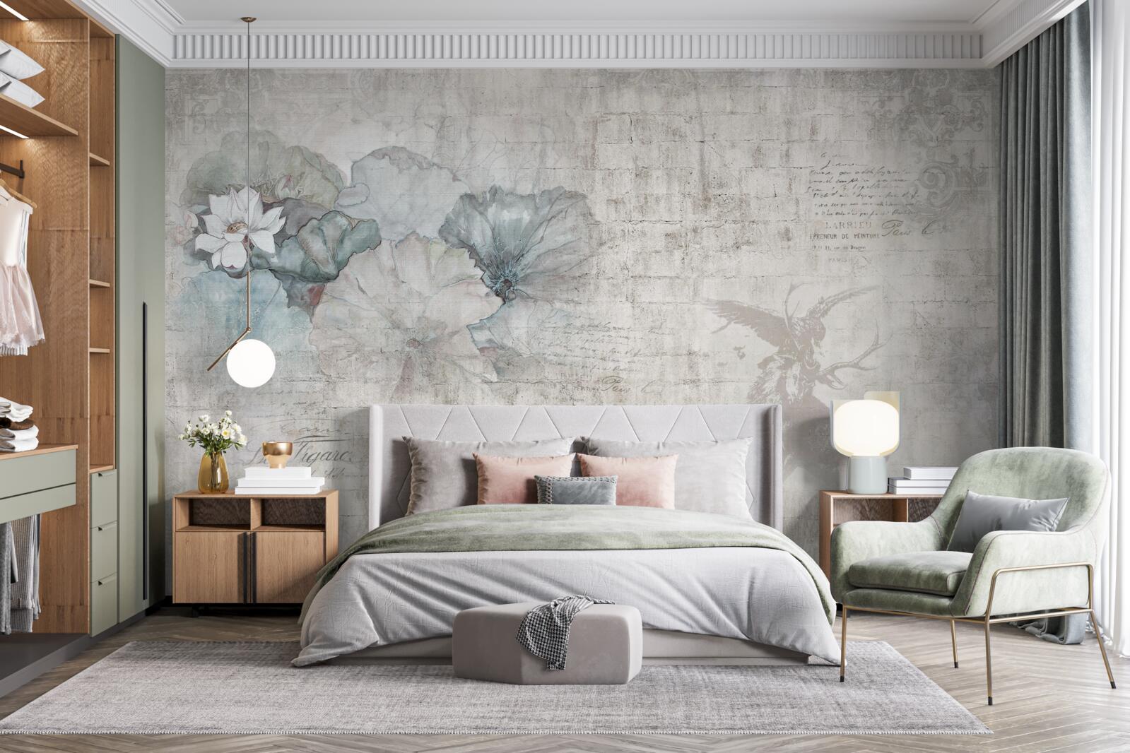 Фотошпалери акварель із зображенням оленя та блакитних квітів