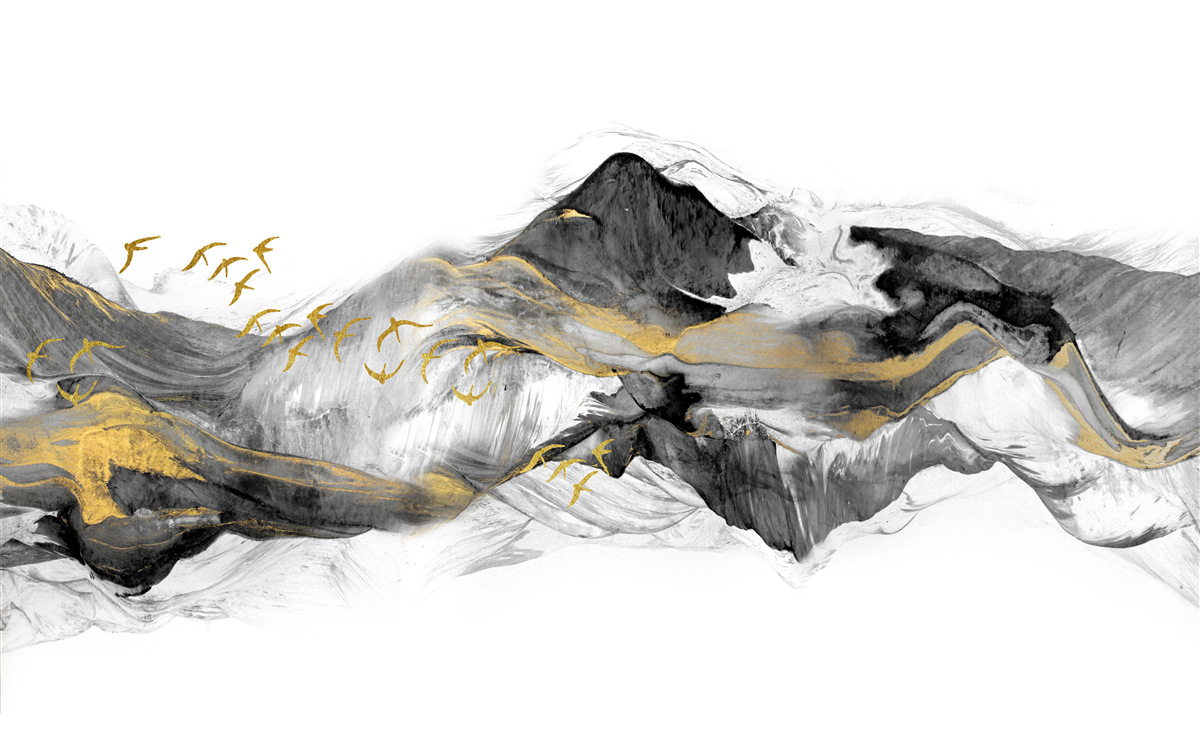 Фотошпалери абстрактне зображення птахів і гір на білому тлі