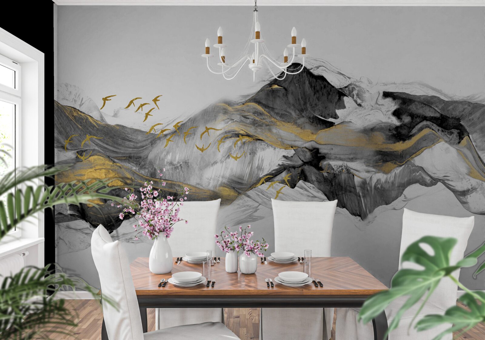 Фотошпалери абстрактне зображення птахів і гір на білому тлі