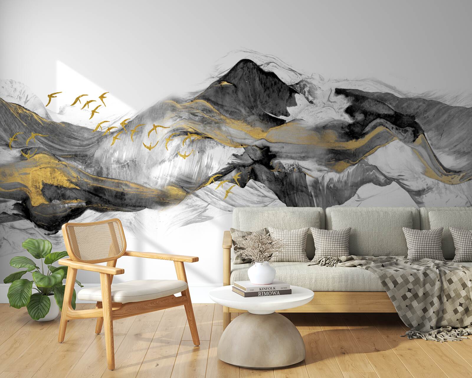 Фотошпалери абстрактне зображення птахів і гір на білому тлі