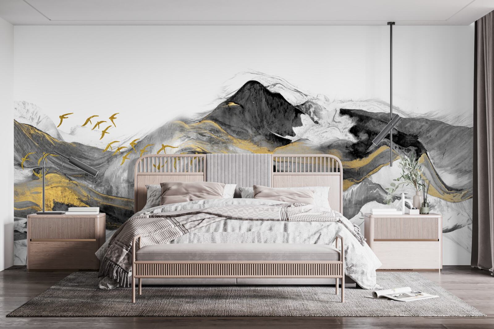 Фотошпалери абстрактне зображення птахів і гір на білому тлі