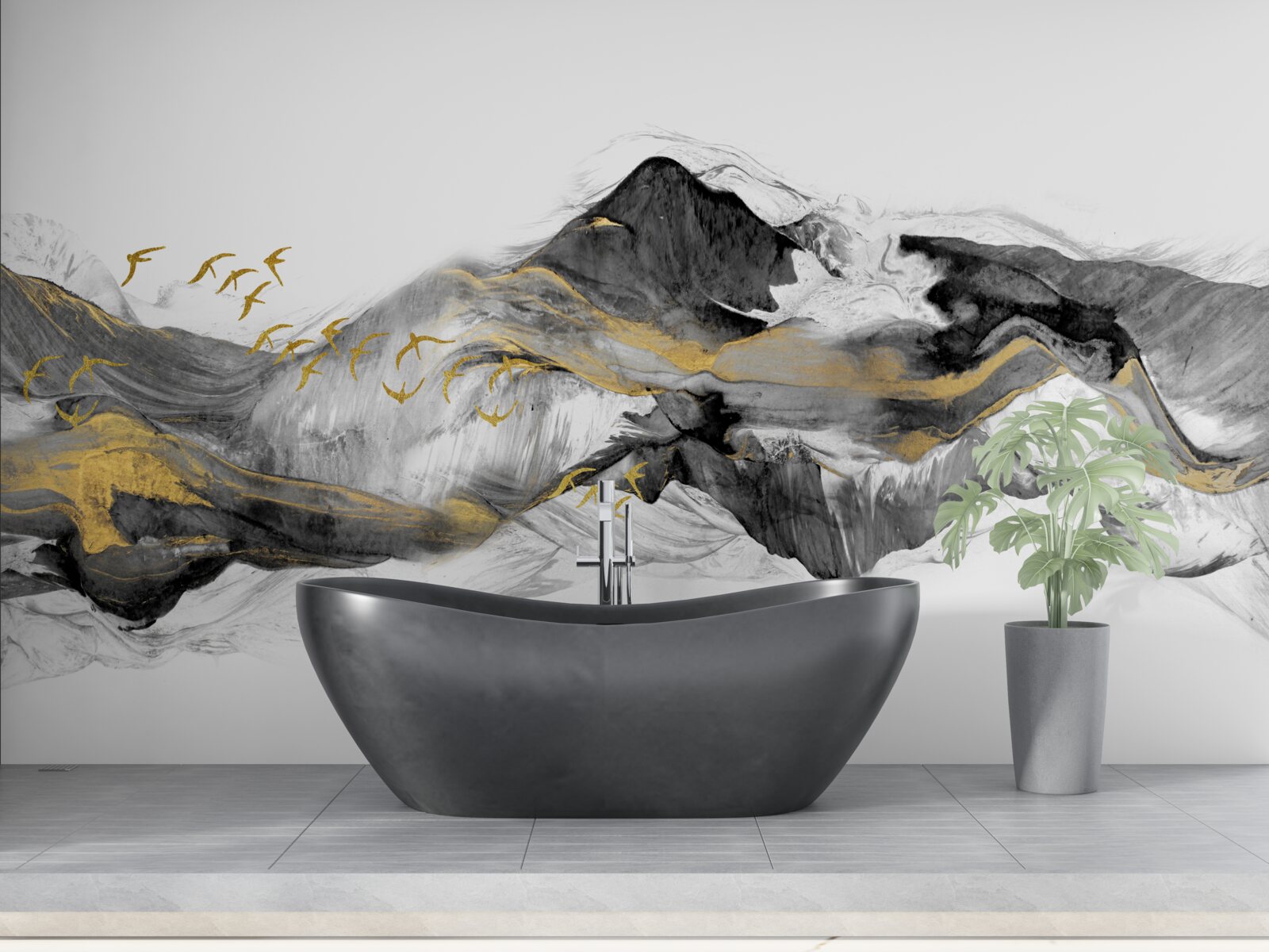 Фотошпалери абстрактне зображення птахів і гір на білому тлі