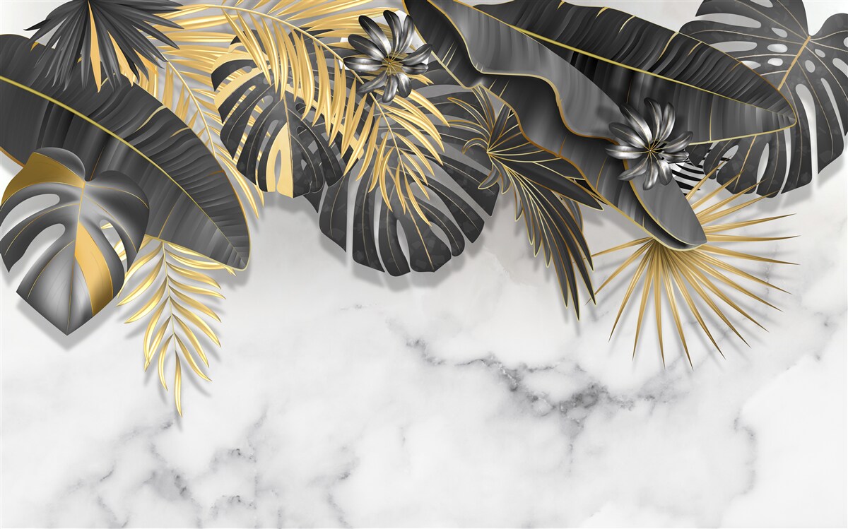 Фотошпалери тропічні джунглі поширюють чорні та золоті відтінки листя