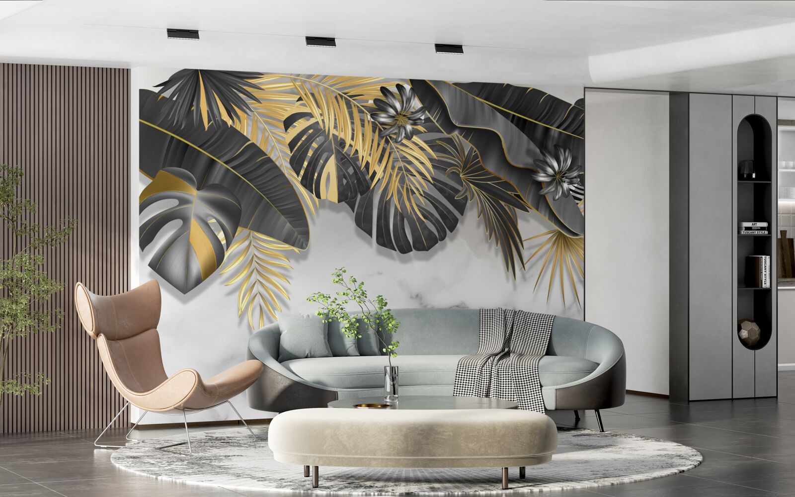 Фотошпалери тропічні джунглі поширюють чорні та золоті відтінки листя