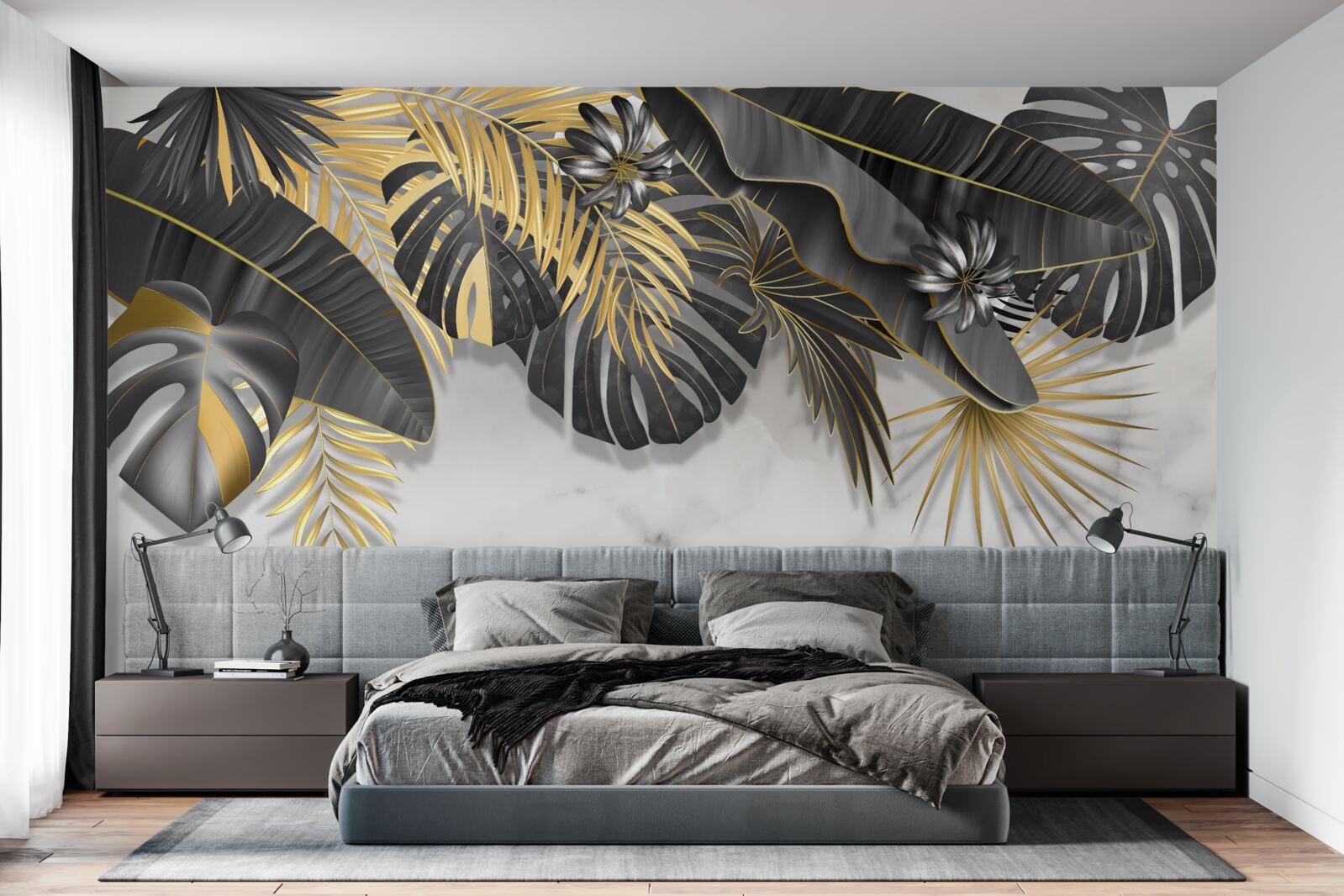 Фотошпалери тропічні джунглі поширюють чорні та золоті відтінки листя