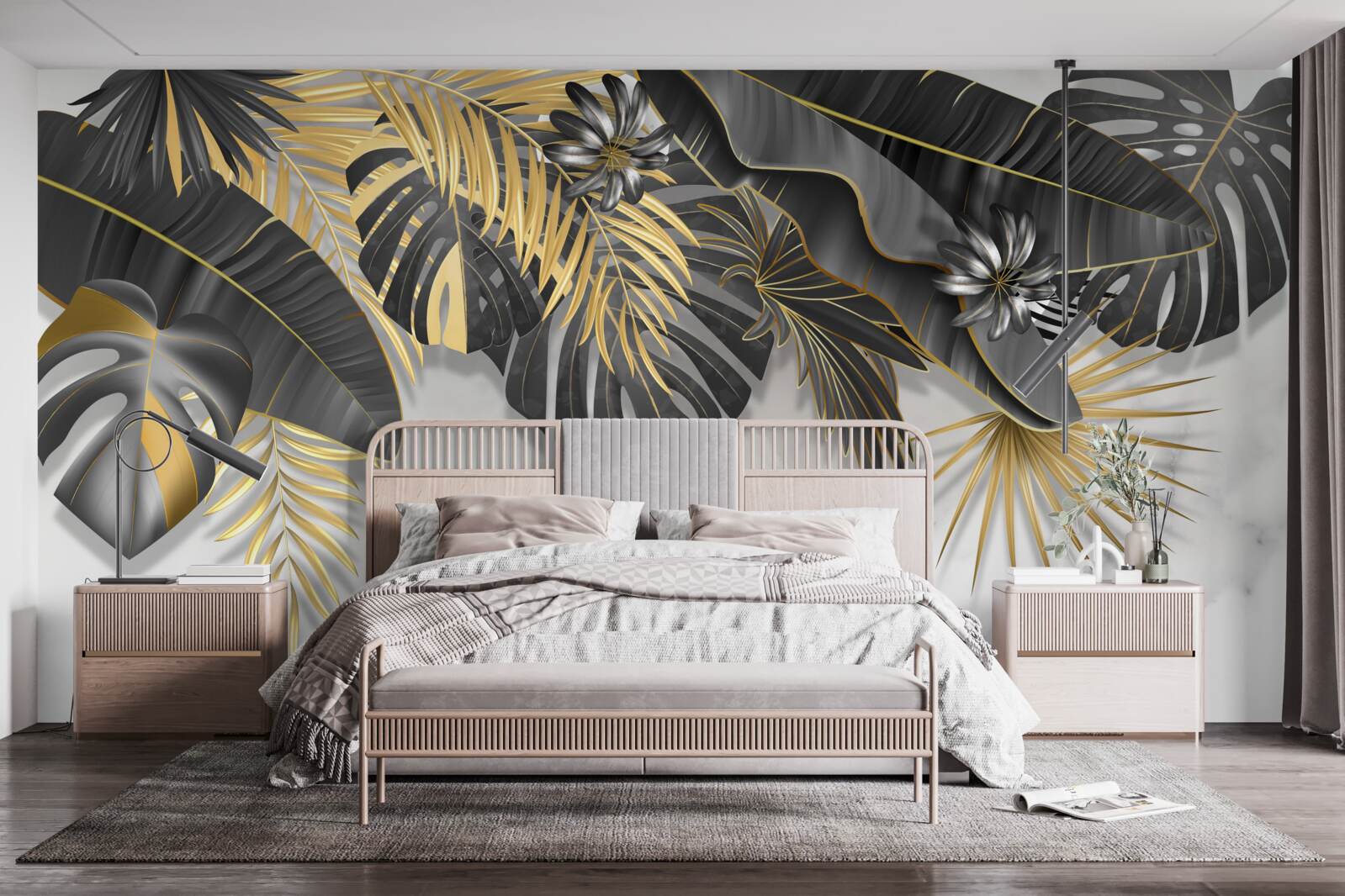 Фотошпалери тропічні джунглі поширюють чорні та золоті відтінки листя