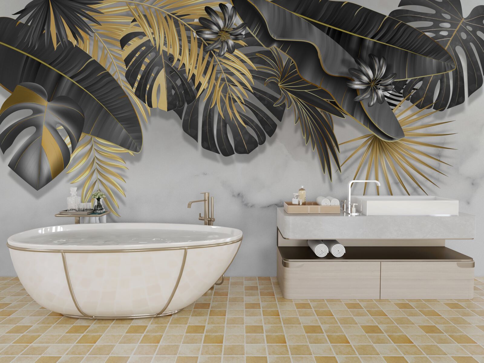 Фотошпалери тропічні джунглі поширюють чорні та золоті відтінки листя