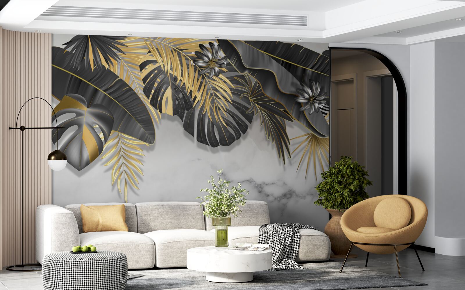 Фотошпалери тропічні джунглі поширюють чорні та золоті відтінки листя