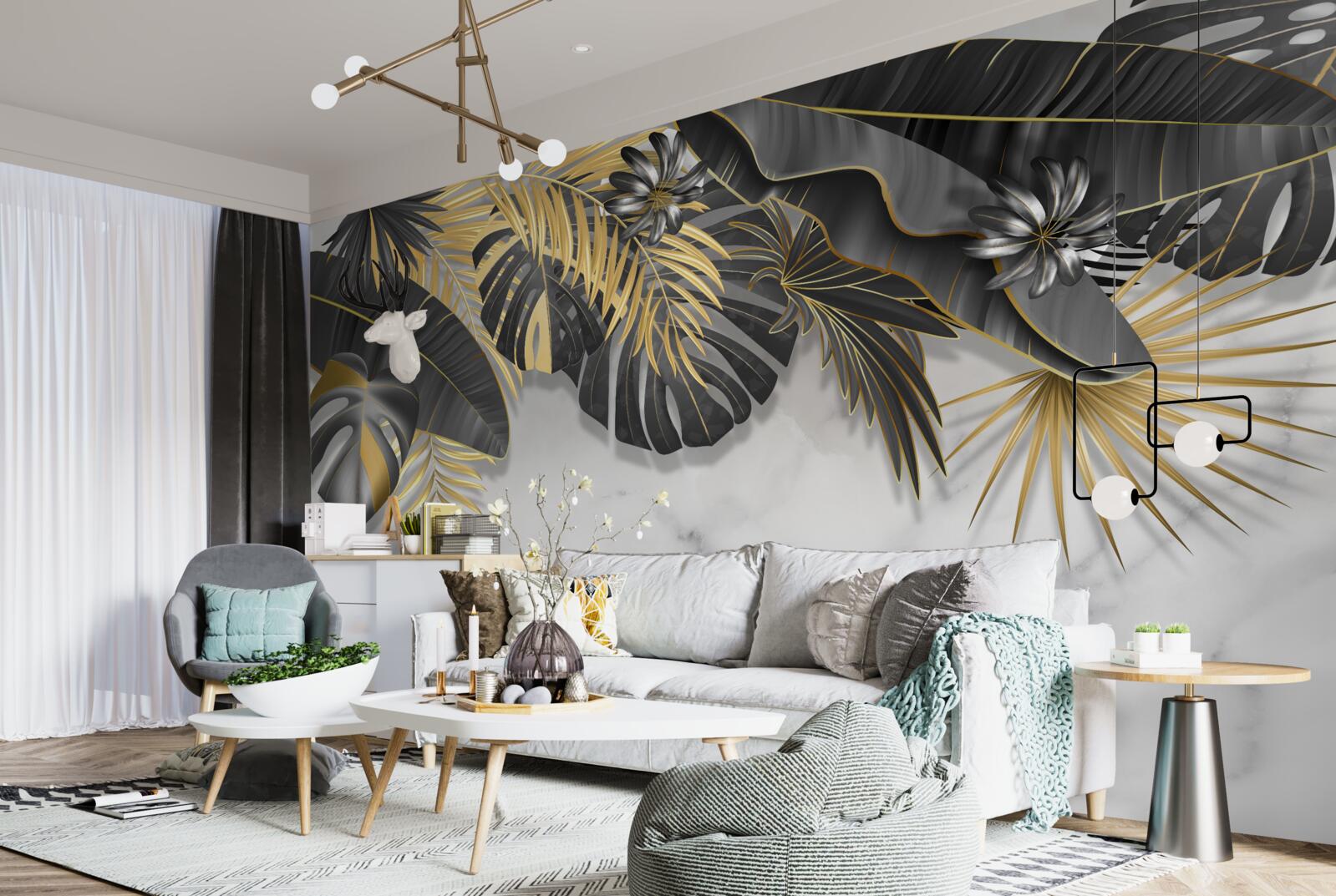 Фотошпалери тропічні джунглі поширюють чорні та золоті відтінки листя