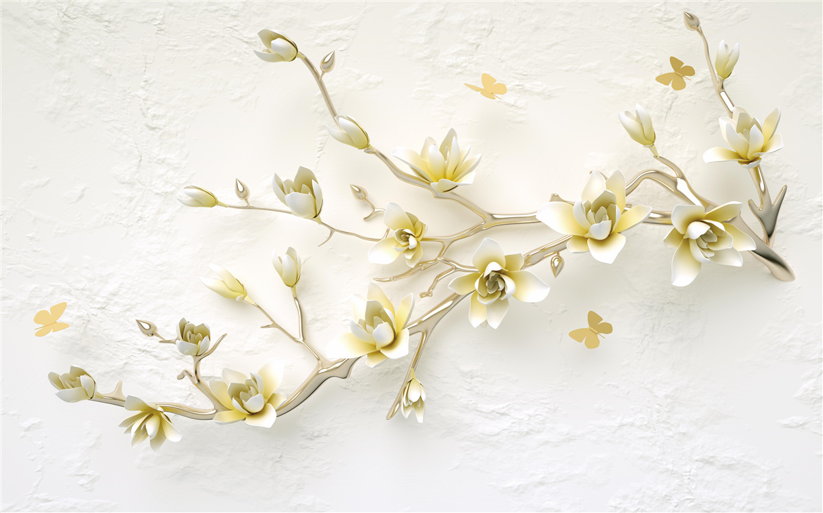 Фотошпалери одинока гілка, вкрита квітами та метеликами