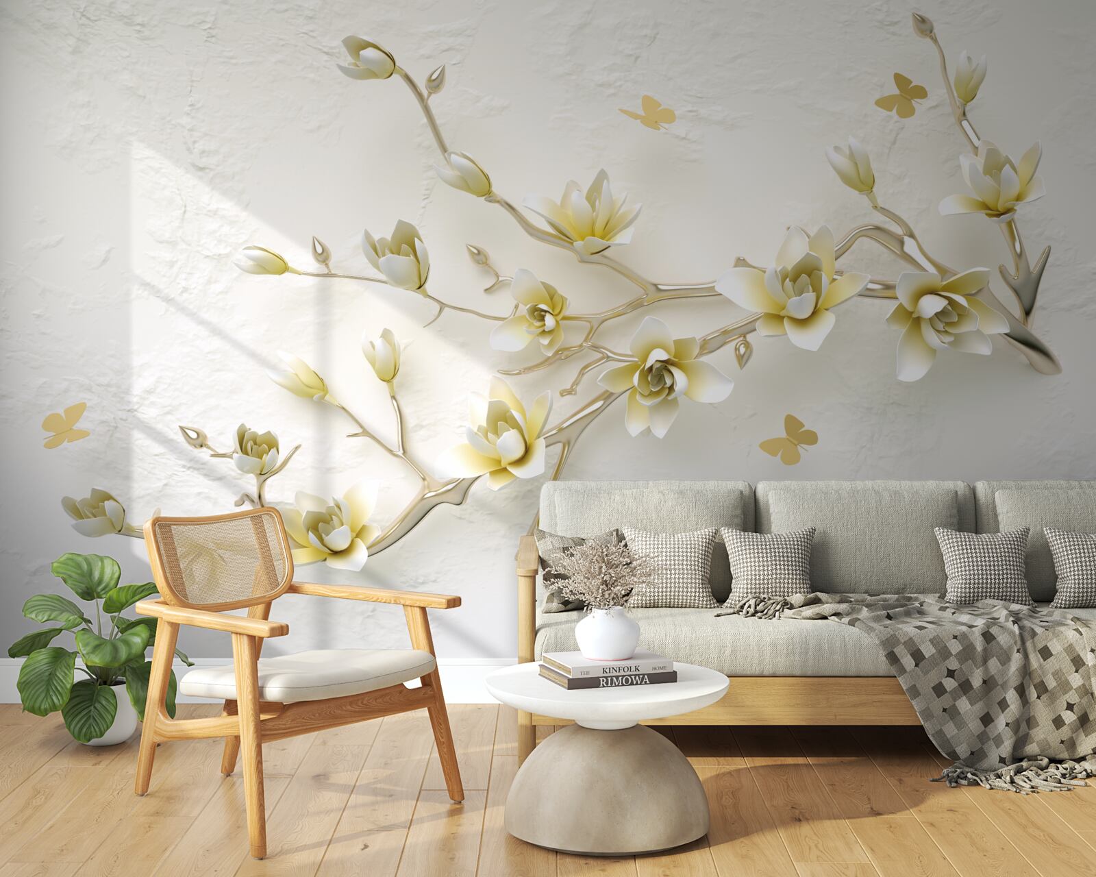 Фотошпалери одинока гілка, вкрита квітами та метеликами