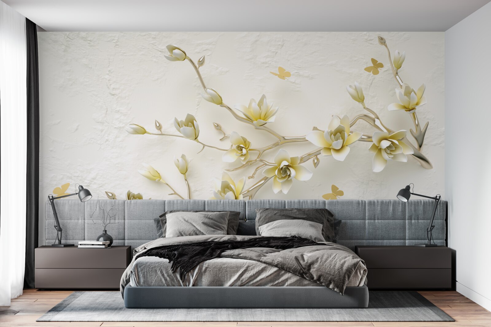 Фотошпалери одинока гілка, вкрита квітами та метеликами