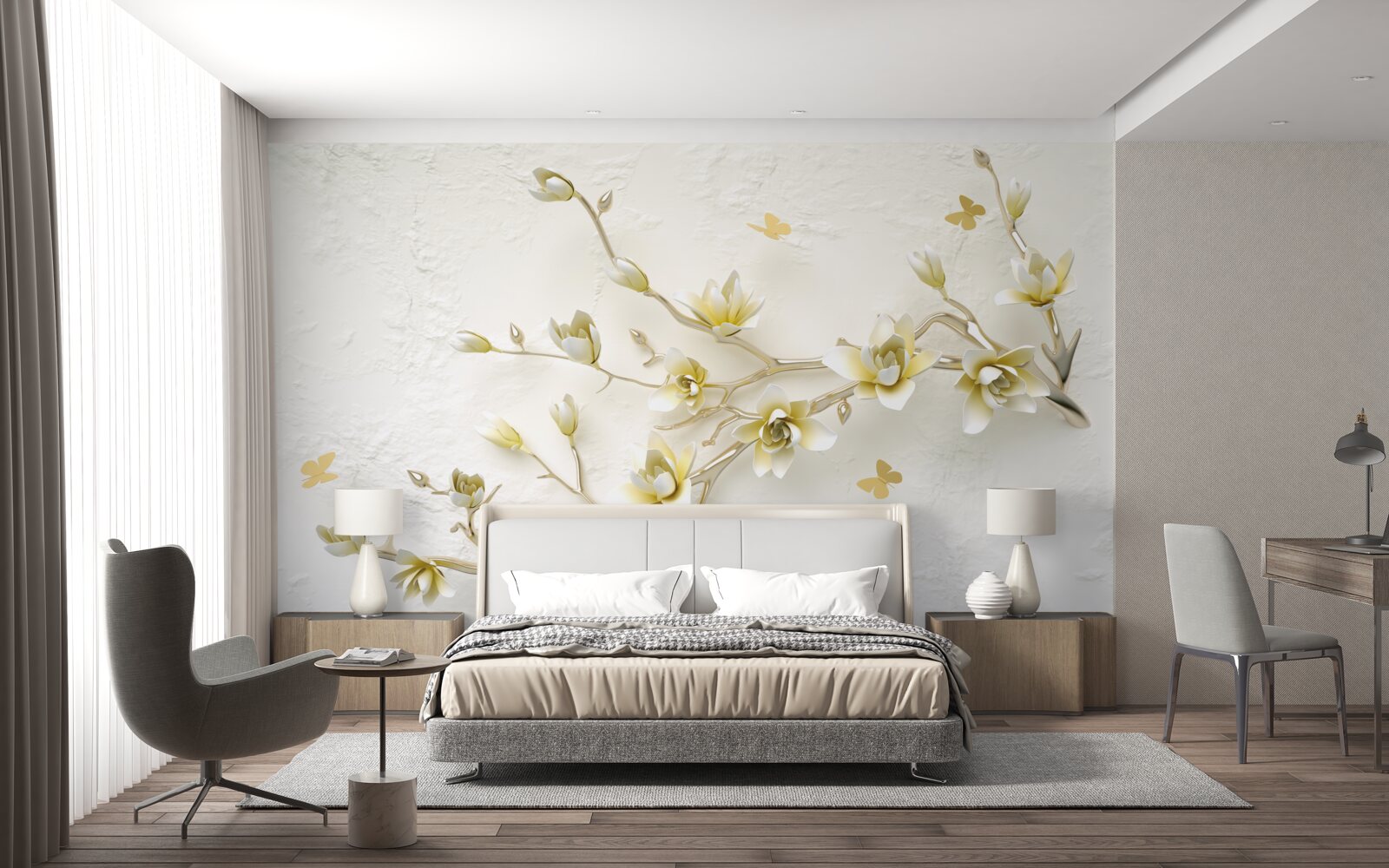 Фотошпалери одинока гілка, вкрита квітами та метеликами