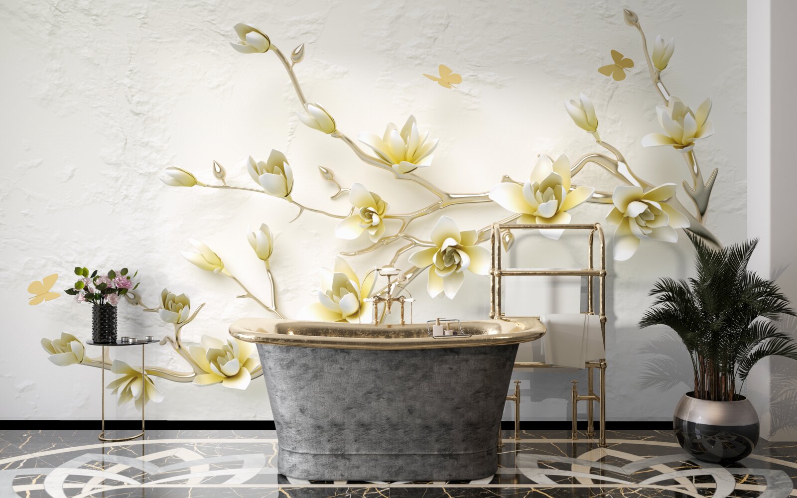 Фотошпалери одинока гілка, вкрита квітами та метеликами