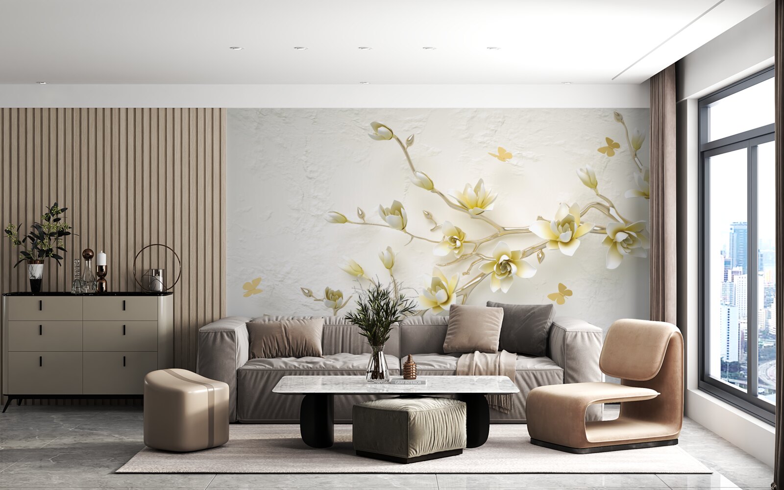 Фотошпалери одинока гілка, вкрита квітами та метеликами