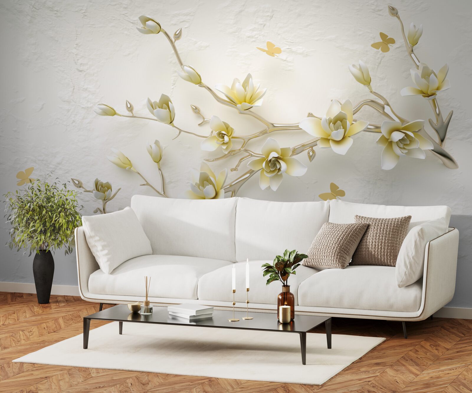 Фотошпалери одинока гілка, вкрита квітами та метеликами