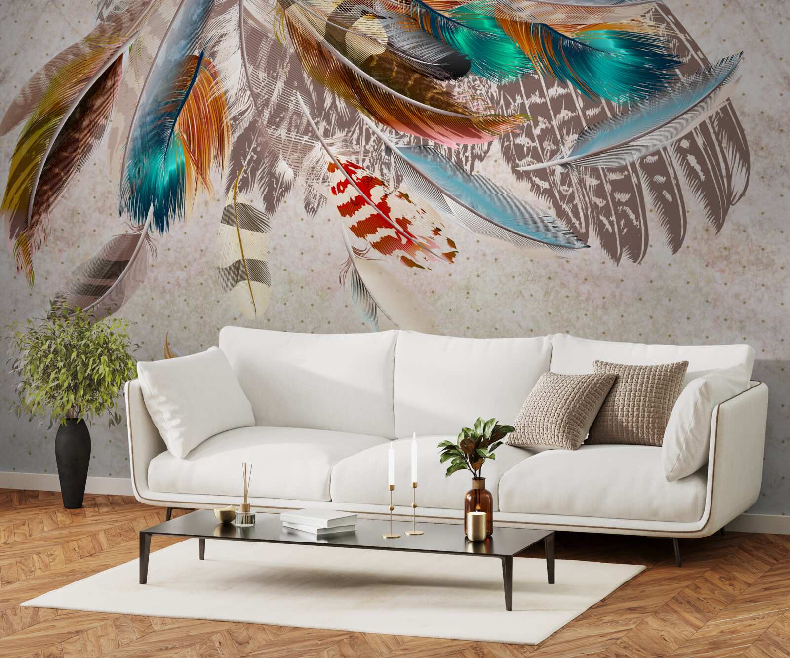 Фотошпалери падаюче різнокольорове пір'я