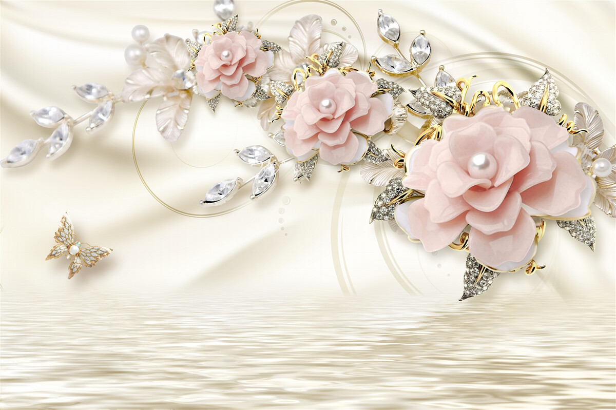 Фотошпалери над водою звисає гілка з рожевими квітами, прикрашена перлинами