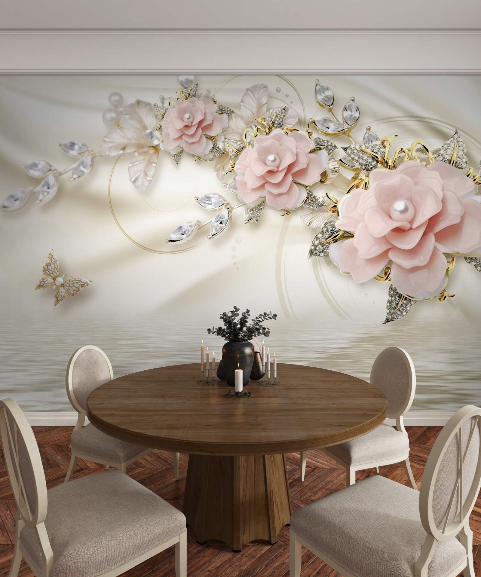 Фотошпалери над водою звисає гілка з рожевими квітами, прикрашена перлинами