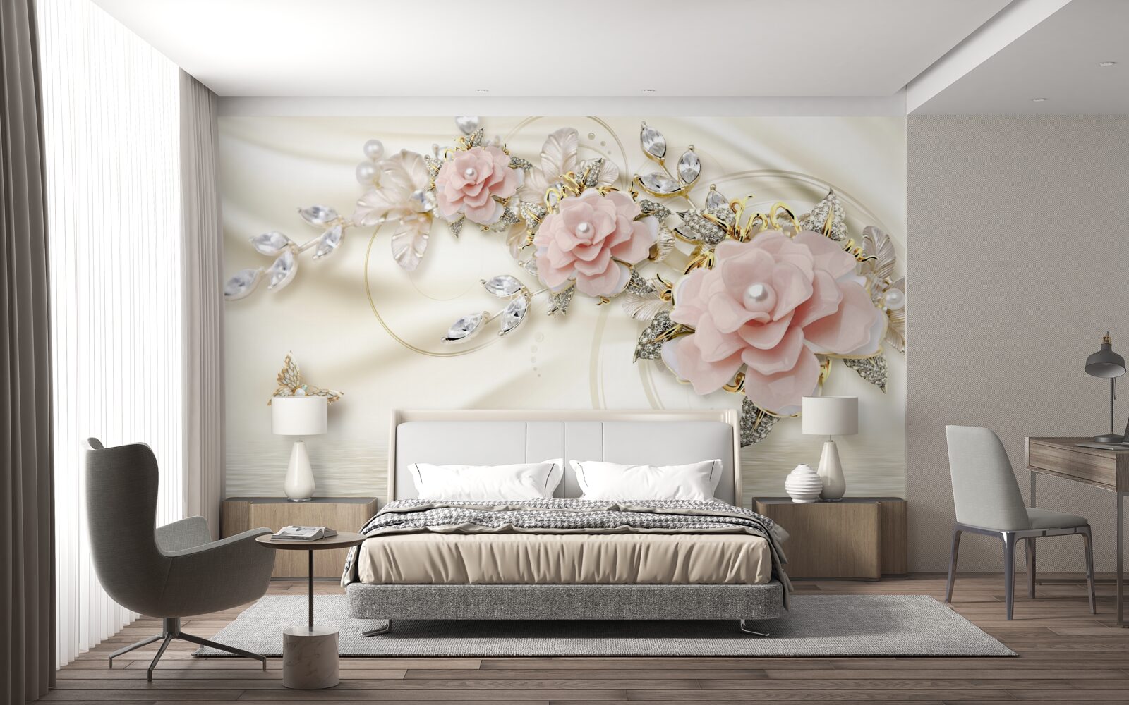 Фотошпалери над водою звисає гілка з рожевими квітами, прикрашена перлинами