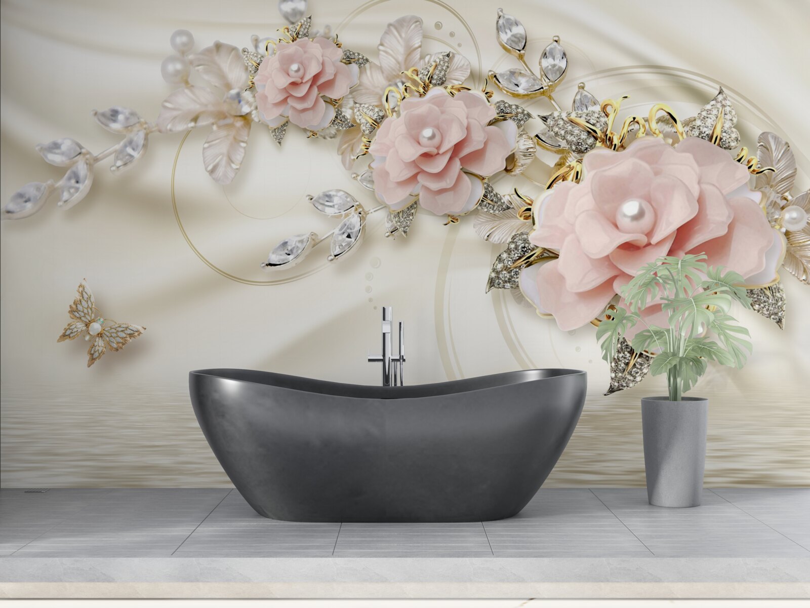 Фотошпалери над водою звисає гілка з рожевими квітами, прикрашена перлинами