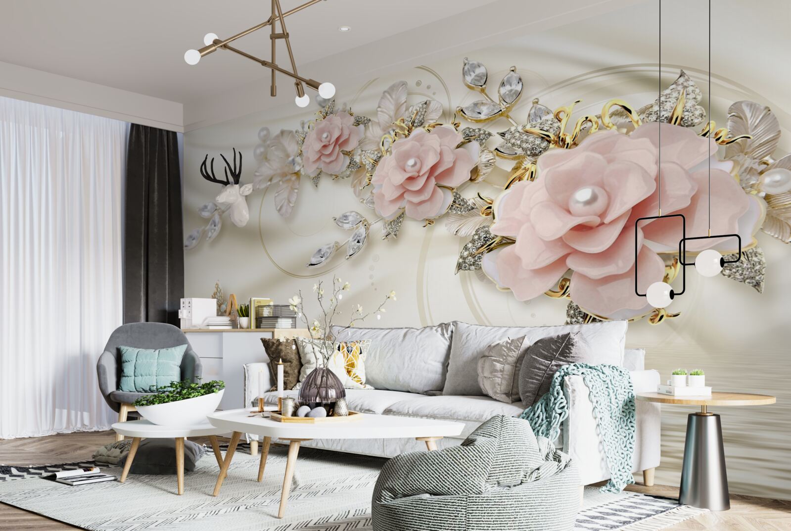 Фотошпалери над водою звисає гілка з рожевими квітами, прикрашена перлинами